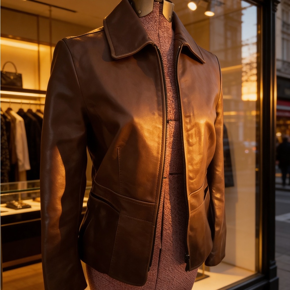 Ann Taylor Genuine Leather Brown Zip Jacket Classic Tailored Size S - Picture 4 of 12